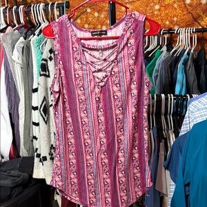 Almost Famous Pink Striped Floral Lace-Up Cold Shoulder Tank